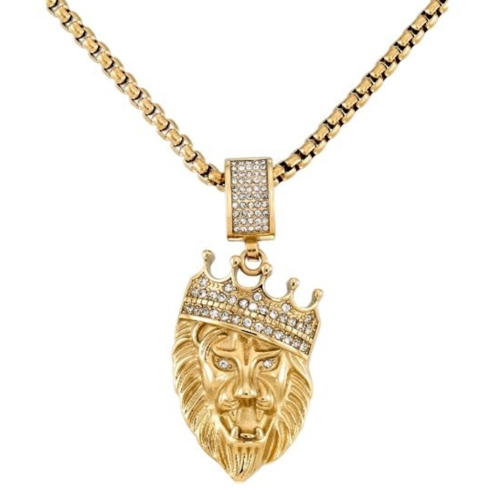 Focus Crowned Lion Pendant with Simulated Diamonds in Stainless Steel Men's